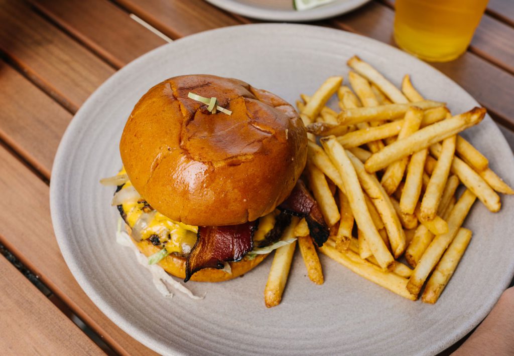 plate with cheeseburger and fries