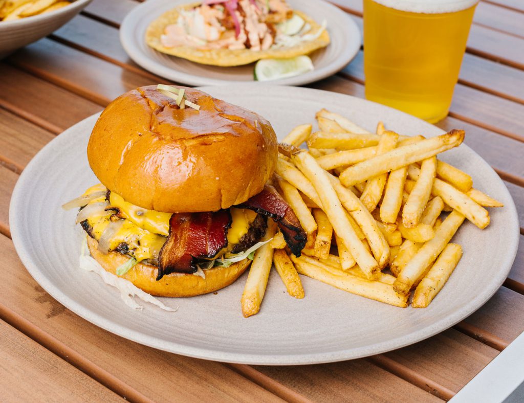 plate will bacon cheeseburger and fries